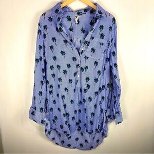 Relaxed Blue Striped Palm-Print Button-Front Blouse